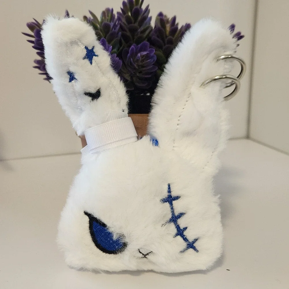 White Faux Fur Stitched Bunny Plush Bag Charm Blue Embroidery Pierced Ears 5